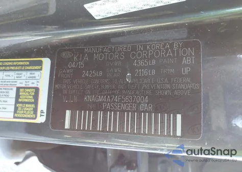 2015 Kia Optima Lx из США, поврежденный, VIN KNAGM4A74F5637004